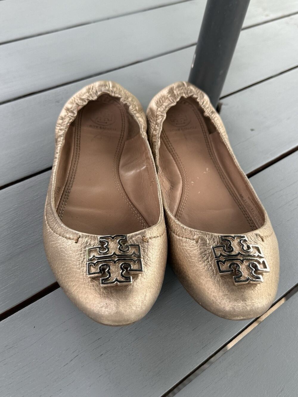 Tory Burch Melinda Ballet Flats Metallic Gold Leather Double T Logo Size 7.5 M